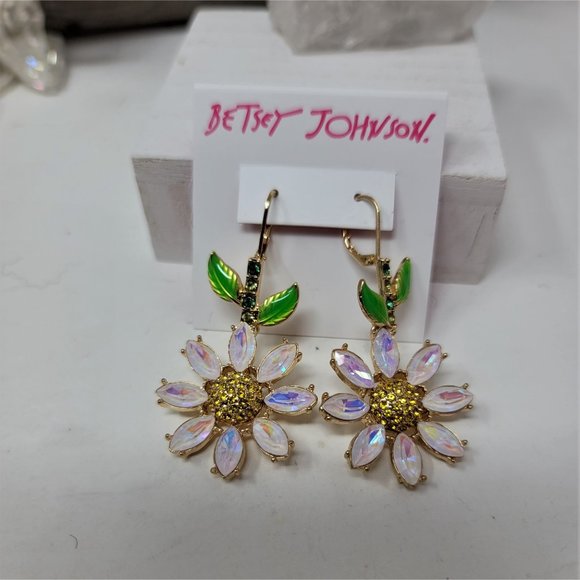 Betsey Johnson Rhinestone Flower Earrings Pierced Levier Backs - Picture 3 of 8